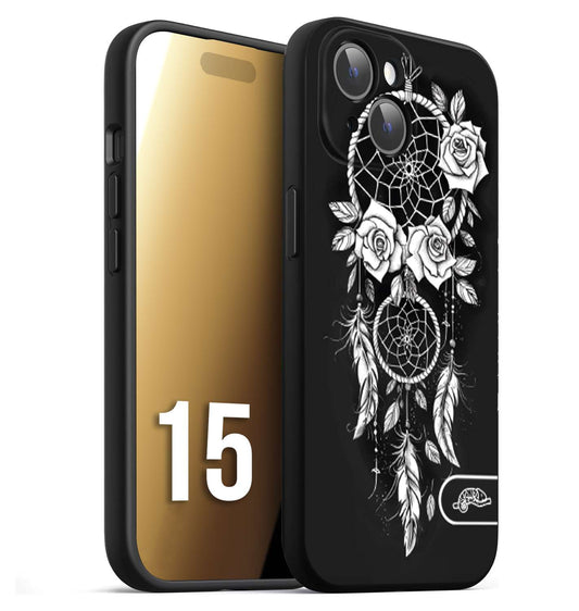 CUSTOMIZZA - Custodia cover nera morbida in tpu compatibile per iPhone 15 acchiappasogni dreamcatcher black and white bianco a rilievo disegnato tattoo tatuaggio