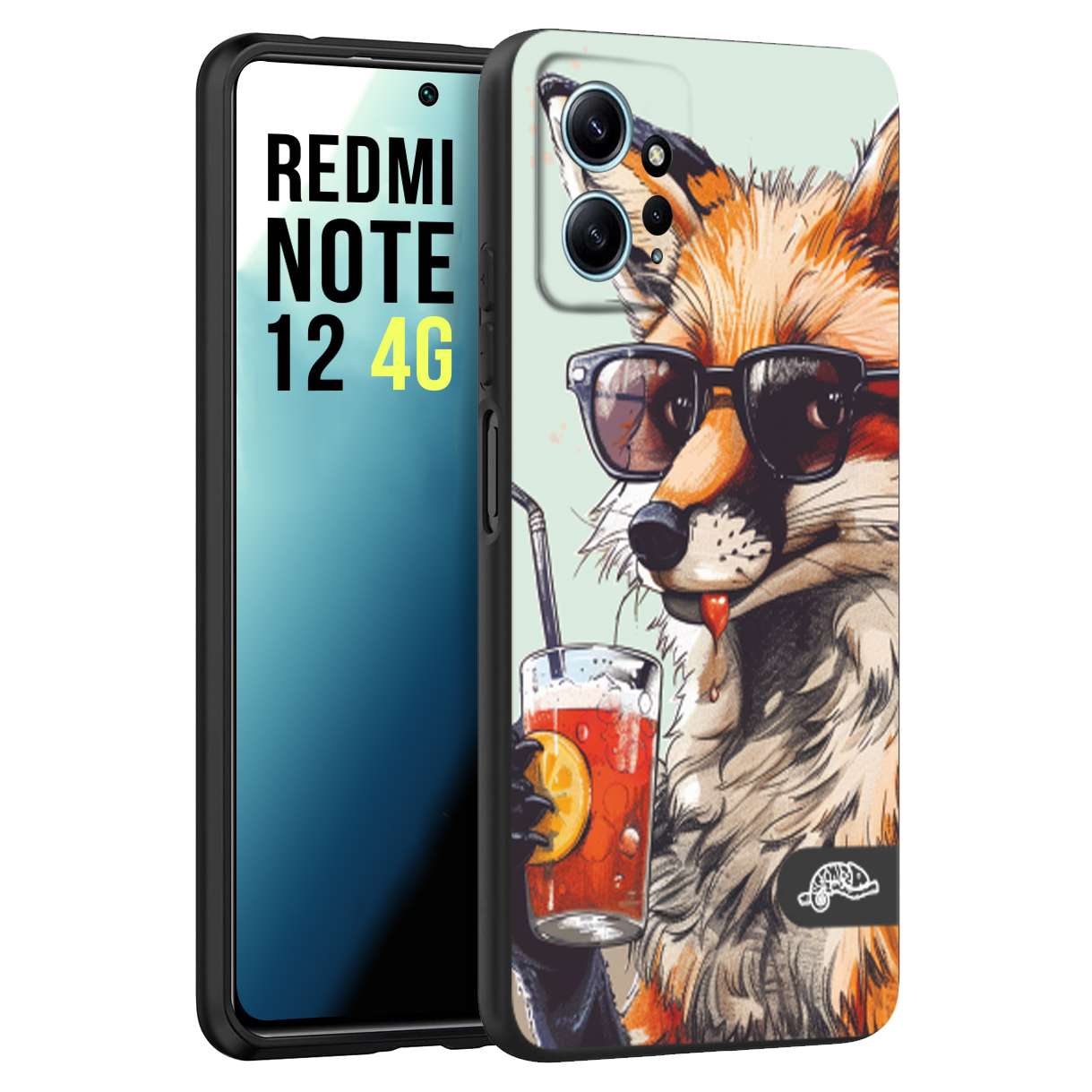 CUSTOMIZZA - Custodia cover nera morbida in tpu compatibile per Xiaomi Redmi Note 12 4G estate disegnata cocktails animali simpatici fox volpe negroni