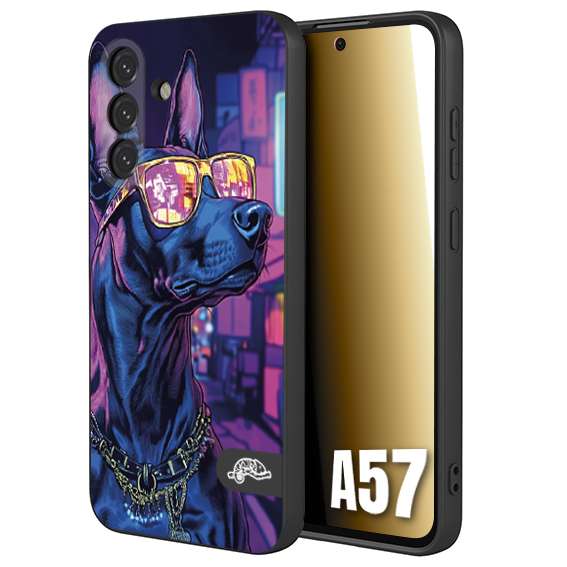 CUSTOMIZZA - Custodia cover nera morbida in tpu compatibile per Samsung A57 animali cyberpunk dobermann cane street dog fucsia blu night