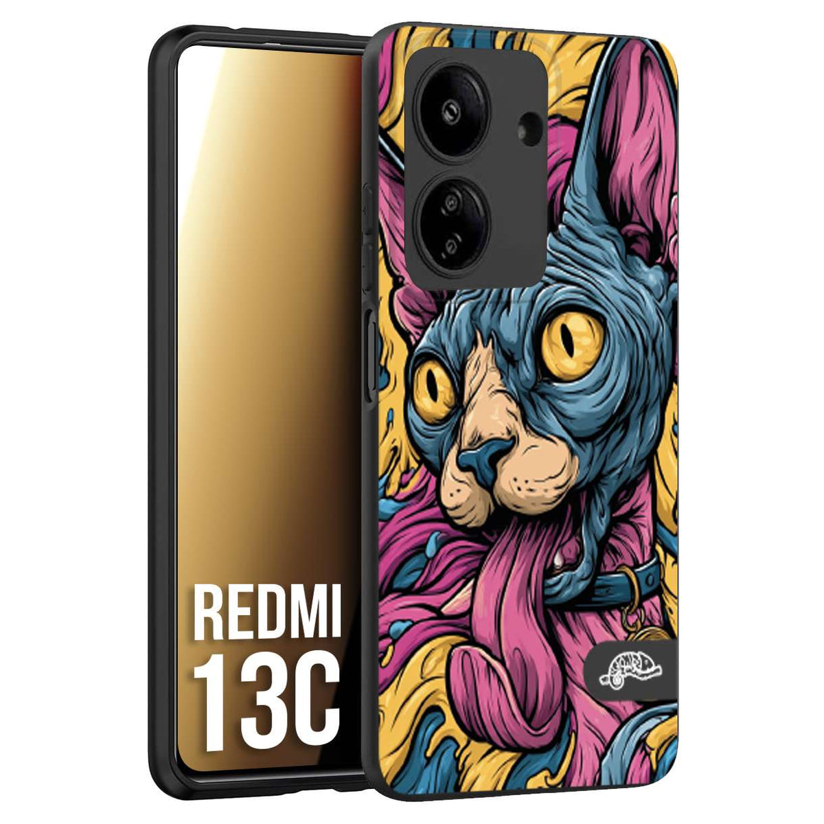 CUSTOMIZZA - Custodia cover nera morbida in tpu compatibile per Xiaomi Redmi 13C Sphynx Colorato Pop Art Psichedelico Gatto Blu Rosa Giallo Artistica Fantasy