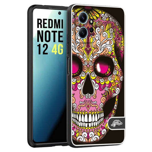 CUSTOMIZZA - Custodia cover nera morbida in tpu compatibile per Xiaomi Redmi Note 12 4G teschio messicano Mexican skull rosa gialla