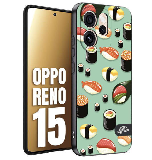 CUSTOMIZZA - Custodia cover nera morbida in tpu compatibile per Oppo Reno 15 sushi disegni giapponese nighiri acquamarina verde