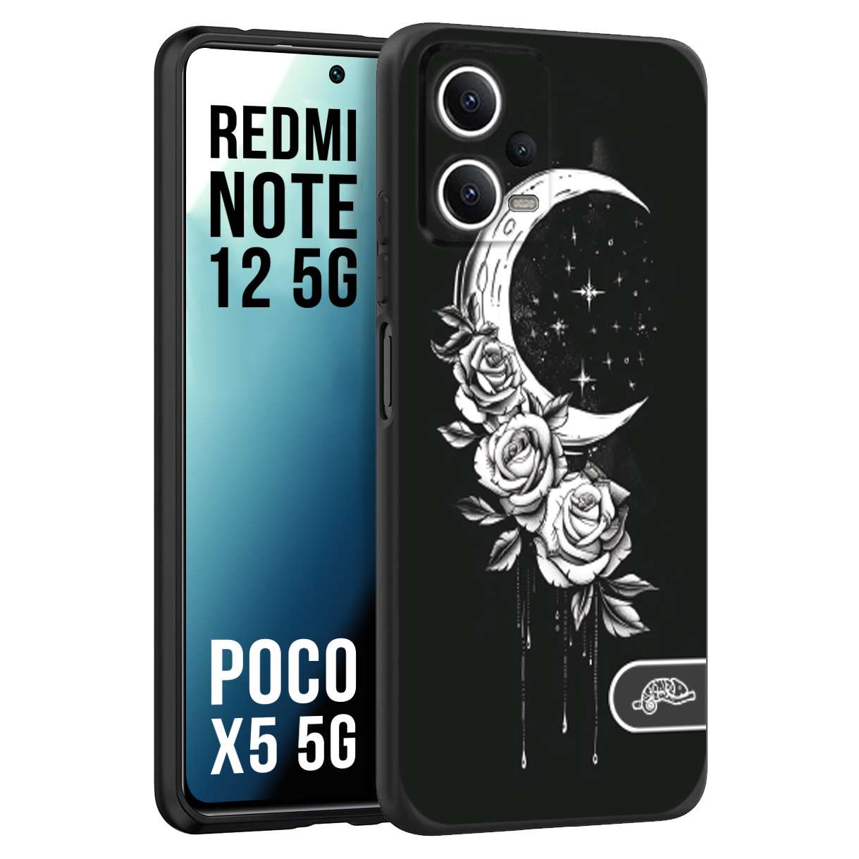 CUSTOMIZZA - Custodia cover nera morbida in tpu compatibile per Xiaomi Redmi Note 12 - POCO X5 5G luna e fiori moon flowers black and white bianco a rilievo disegnato tattoo tatuaggio