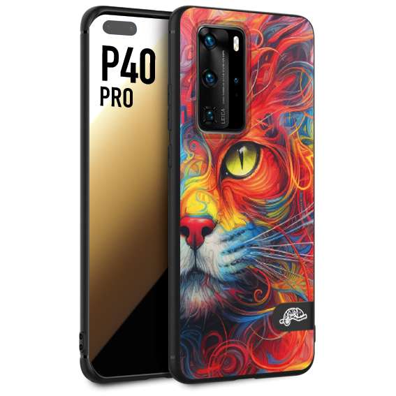 CUSTOMIZZA - Custodia cover nera morbida in tpu compatibile per Huawei P40 PRO animali color cat gatto viso colori vibranti disegnato schizzo