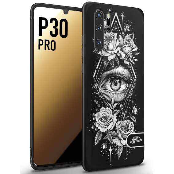 CUSTOMIZZA - Custodia cover nera morbida in tpu compatibile per Huawei P30 PRO occhio fiori rombo geometrico black and white bianco a rilievo disegnato tattoo tatuaggio