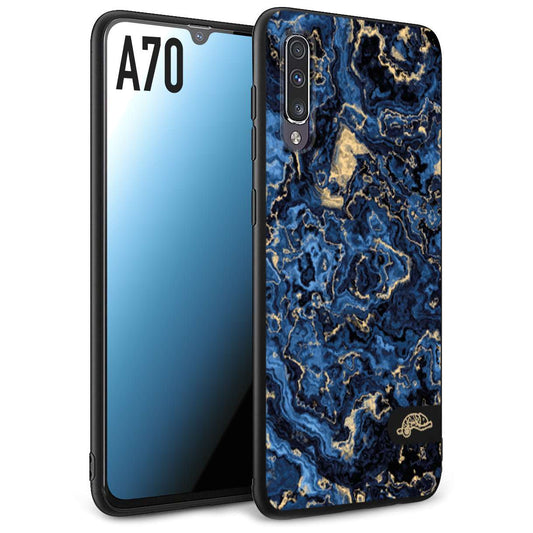 CUSTOMIZZA - Custodia cover nera morbida in tpu compatibile per Samsung A70 effetto marmo marble blu venature dorato psichedelico