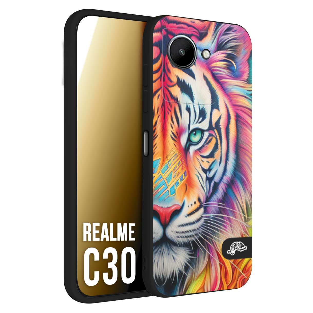 CUSTOMIZZA - Custodia cover nera morbida in tpu compatibile per Oppo Realme C30 animali color tigre tiger viso colori vibranti disegnato schizzo