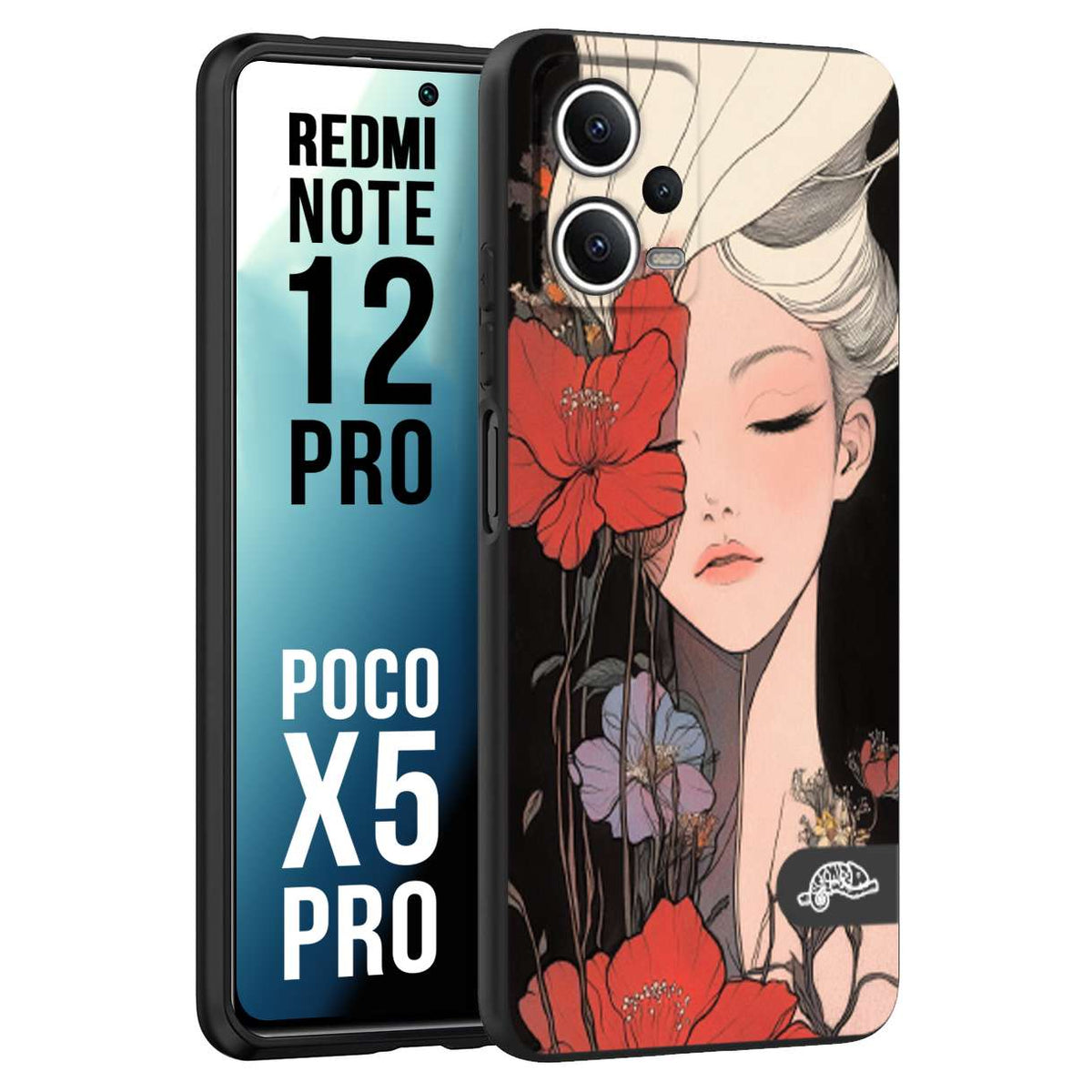 CUSTOMIZZA - Custodia cover nera morbida in tpu compatibile per Xiaomi Redmi Note 12 PRO - POCO X5 PRO woman flower Fantasia Floreale Design Donna e Fiori, Retro Artistico
