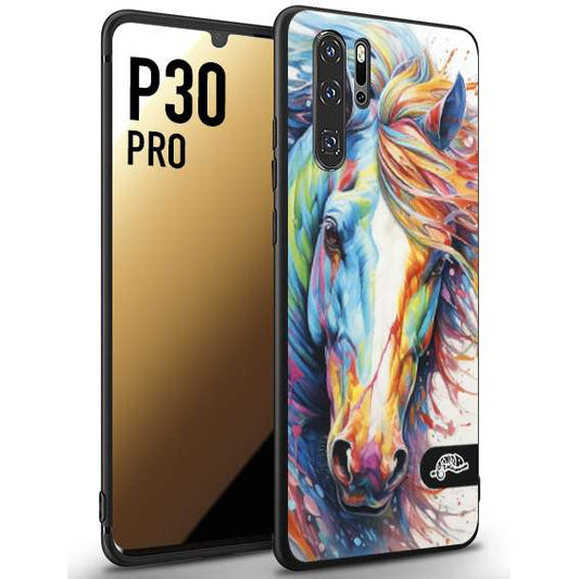 CUSTOMIZZA - Custodia cover nera morbida in tpu compatibile per Huawei P30 PRO animali color cavallo horse viso colori vibranti disegnato schizzo