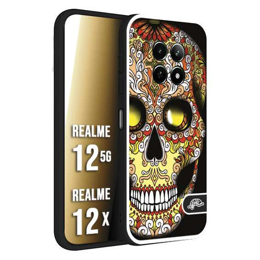 CUSTOMIZZA - Custodia cover nera morbida in tpu compatibile per Realme 12 5G - 12X teschio messicano Mexican skull giallo rosso arancio