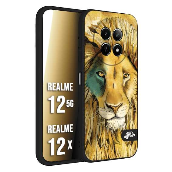 CUSTOMIZZA - Custodia cover nera morbida in tpu compatibile per Realme 12 5G - 12X leone lion disegnato a mano giallo blu a rilievo artistico brown