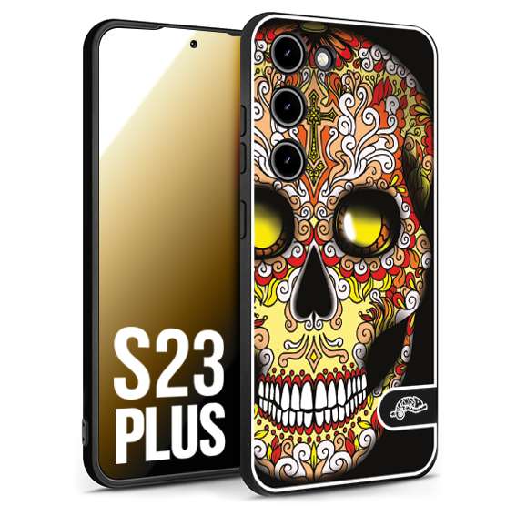 CUSTOMIZZA - Custodia cover nera morbida in tpu compatibile per Samsung S23 PLUS teschio messicano Mexican skull giallo rosso arancio