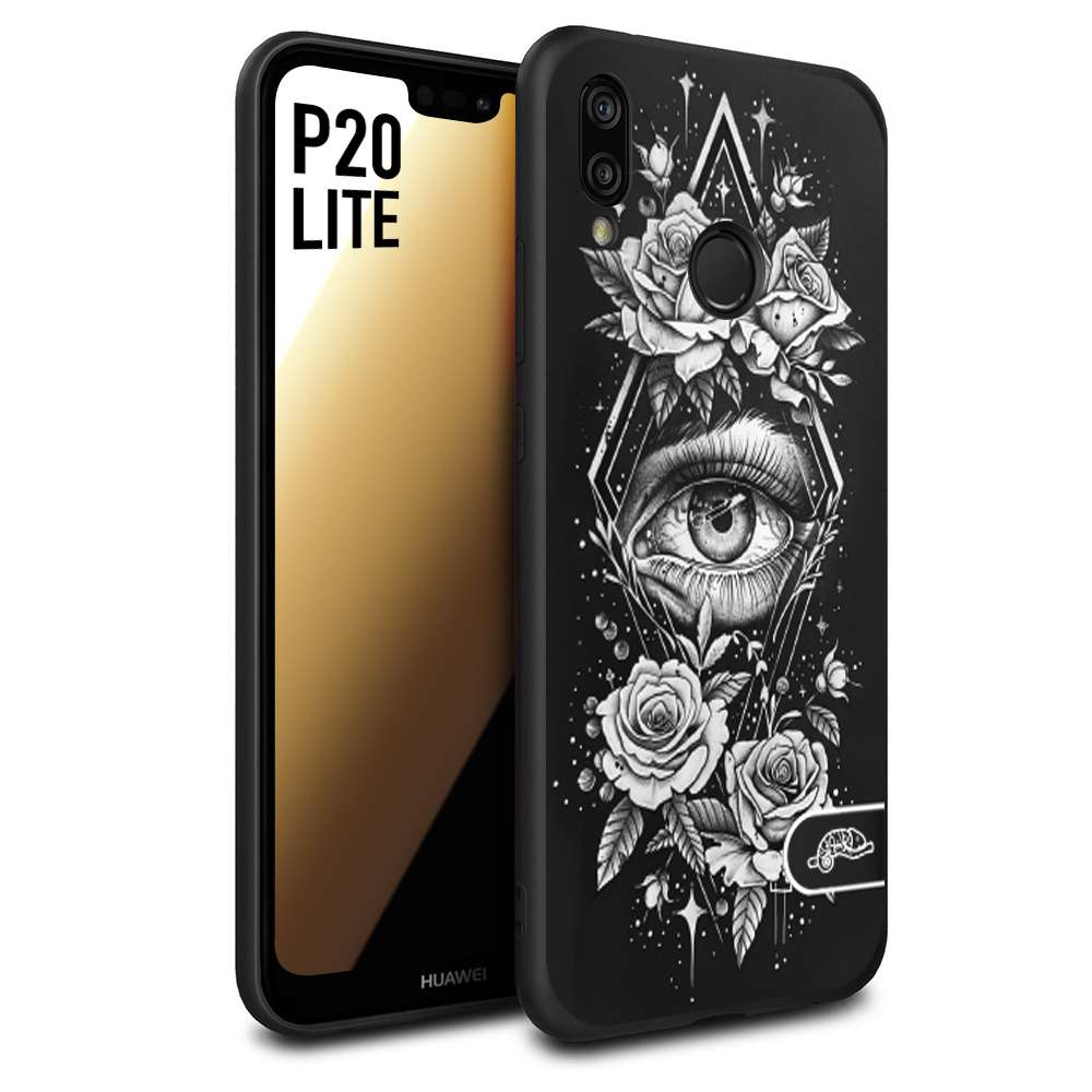 CUSTOMIZZA - Custodia cover nera morbida in tpu compatibile per Huawei P20 LITE occhio fiori rombo geometrico black and white bianco a rilievo disegnato tattoo tatuaggio