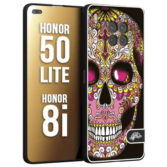 CUSTOMIZZA - Custodia cover nera morbida in tpu compatibile per Honor 8i - Honor 50 LITE teschio messicano Mexican skull rosa gialla