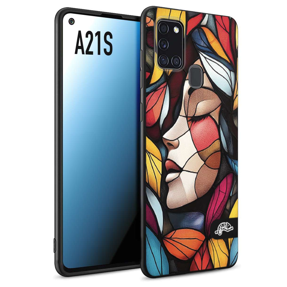 CUSTOMIZZA - Custodia cover nera morbida in tpu compatibile per Samsung A21S Vetrata artistica volto di donna profilo fogliare mosaico di vetro colorato