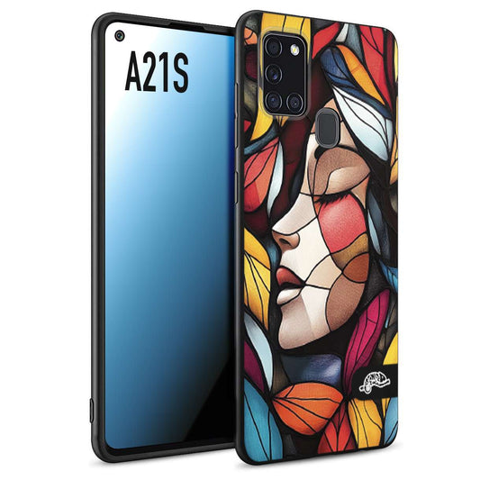 CUSTOMIZZA - Custodia cover nera morbida in tpu compatibile per Samsung A21S Vetrata artistica volto di donna profilo fogliare mosaico di vetro colorato