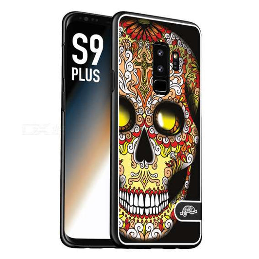 CUSTOMIZZA - Custodia cover nera morbida in tpu compatibile per Samsung S9 PLUS teschio messicano Mexican skull giallo rosso arancio