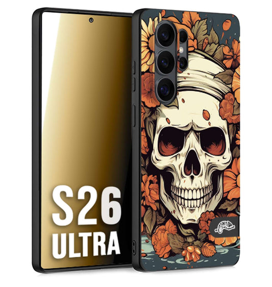 CUSTOMIZZA - Custodia cover nera morbida in tpu compatibile per Samsung S26 ULTRA teschio skull flowers fiori tattoo disegnato alta definizione