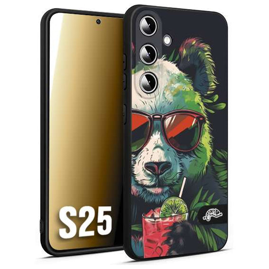 CUSTOMIZZA - Custodia cover nera morbida in tpu compatibile per Samsung S25 estate disegnata cocktails animali simpatici panda mojito