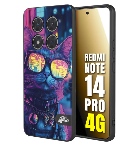 CUSTOMIZZA - Custodia cover nera morbida in tpu compatibile per Xiaomi Redmi Note 14 PRO 4G animali cyberpunk gatto street cat fucsia blu giallo