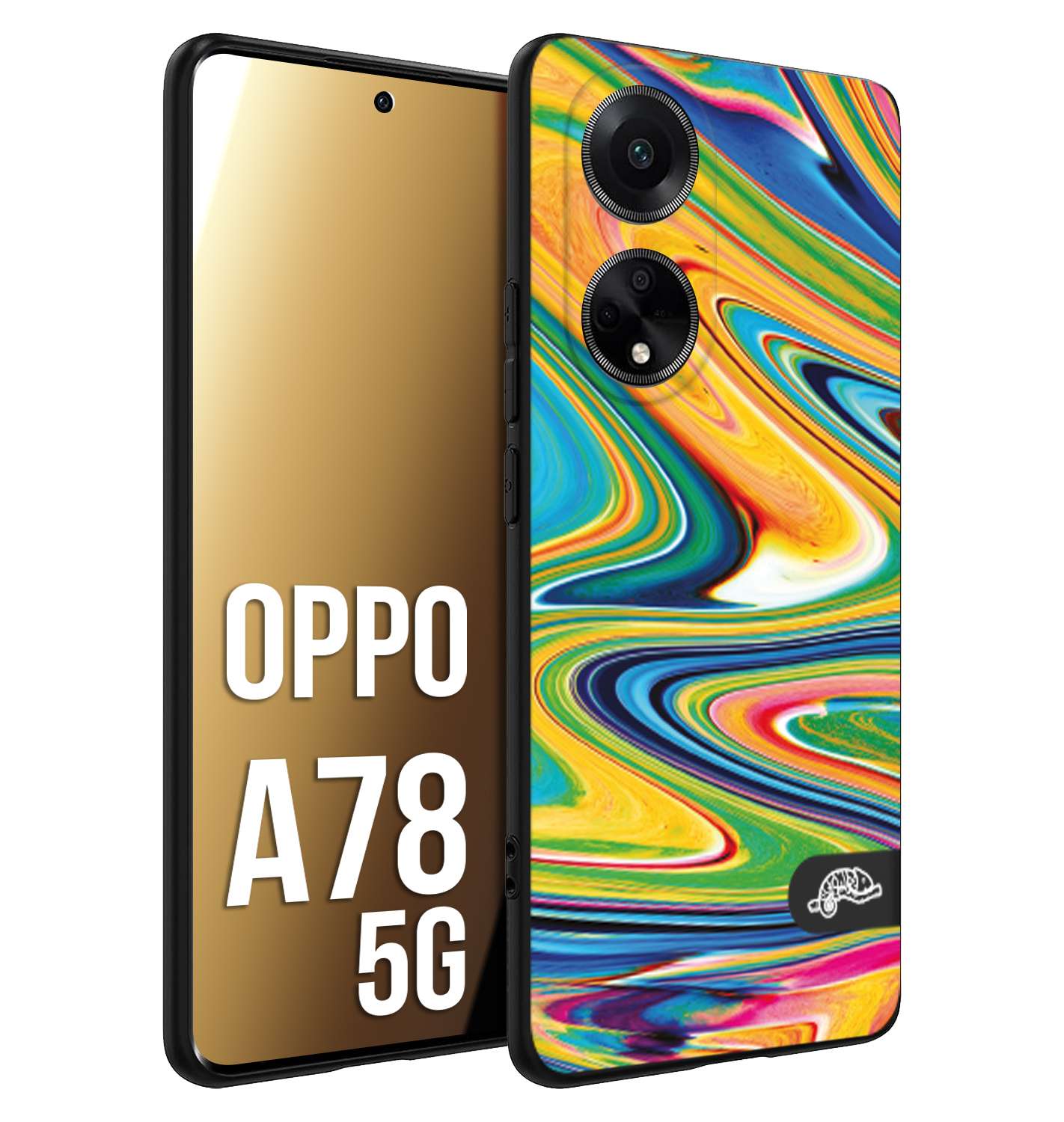 CUSTOMIZZA - Custodia cover nera morbida in tpu compatibile per Oppo A78 5G colorata fantasia vortice marmo arcobaleno gialla verde blu