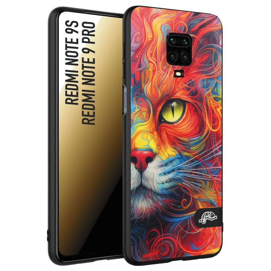 CUSTOMIZZA - Custodia cover nera morbida in tpu compatibile per Xiaomi Redmi Note 9S - Note 9 PRO animali color cat gatto viso colori vibranti disegnato schizzo