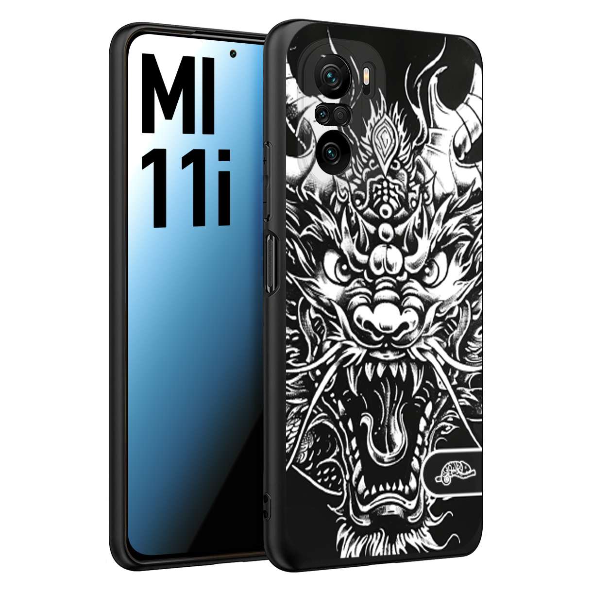 CUSTOMIZZA - Custodia cover nera morbida in tpu compatibile per Xiaomi Mi 11i drago black and white bianco a rilievo disegnato tattoo tatuaggio