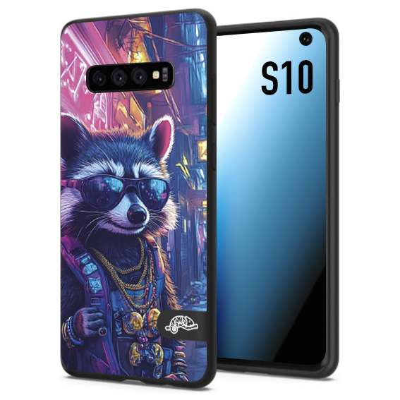 CUSTOMIZZA - Custodia cover nera morbida in tpu compatibile per Samsung S10 animali simpatici cyberpunk procione racoon street cat fucsia blu giallo