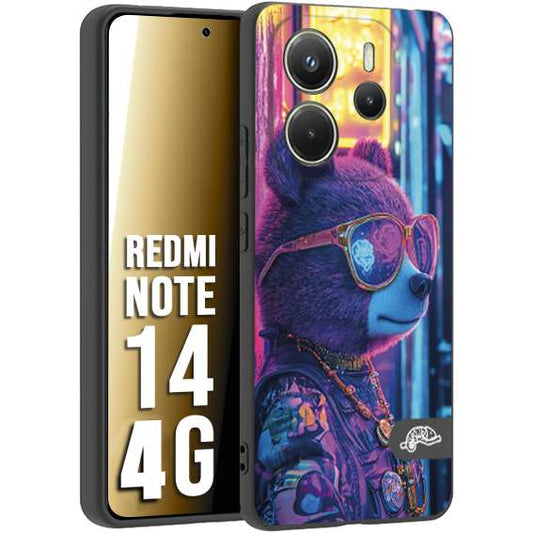 CUSTOMIZZA - Custodia cover nera morbida in tpu compatibile per Xiaomi Redmi Note 14 4G animali cyberpunk orsetto orso street bear fucsia blu night
