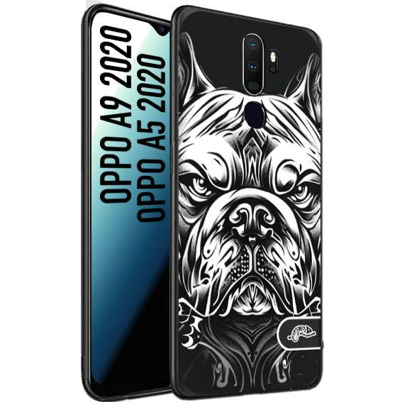 CUSTOMIZZA - Custodia cover nera morbida in tpu compatibile per Oppo A9 2020 - A5 2020 bulldog bianco a rilievo disegnato tattoo tatuaggio