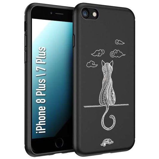 CUSTOMIZZA - Custodia cover nera morbida in tpu compatibile per iPhone 7 Plus - 8 plus gatto mandala stilizzato gattino a rilievo soft touch donna bianca