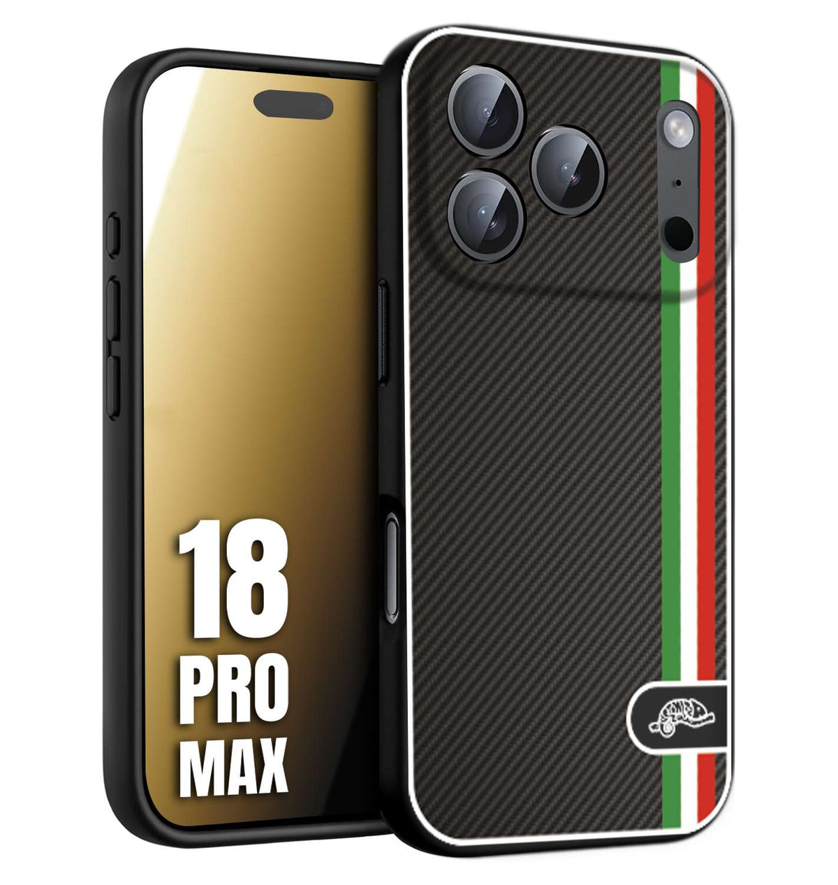 CUSTOMIZZA - Custodia cover nera morbida in tpu compatibile per iPhone 18 PRO MAX effetto fibra di carbonio bandiera Italia made in Italy