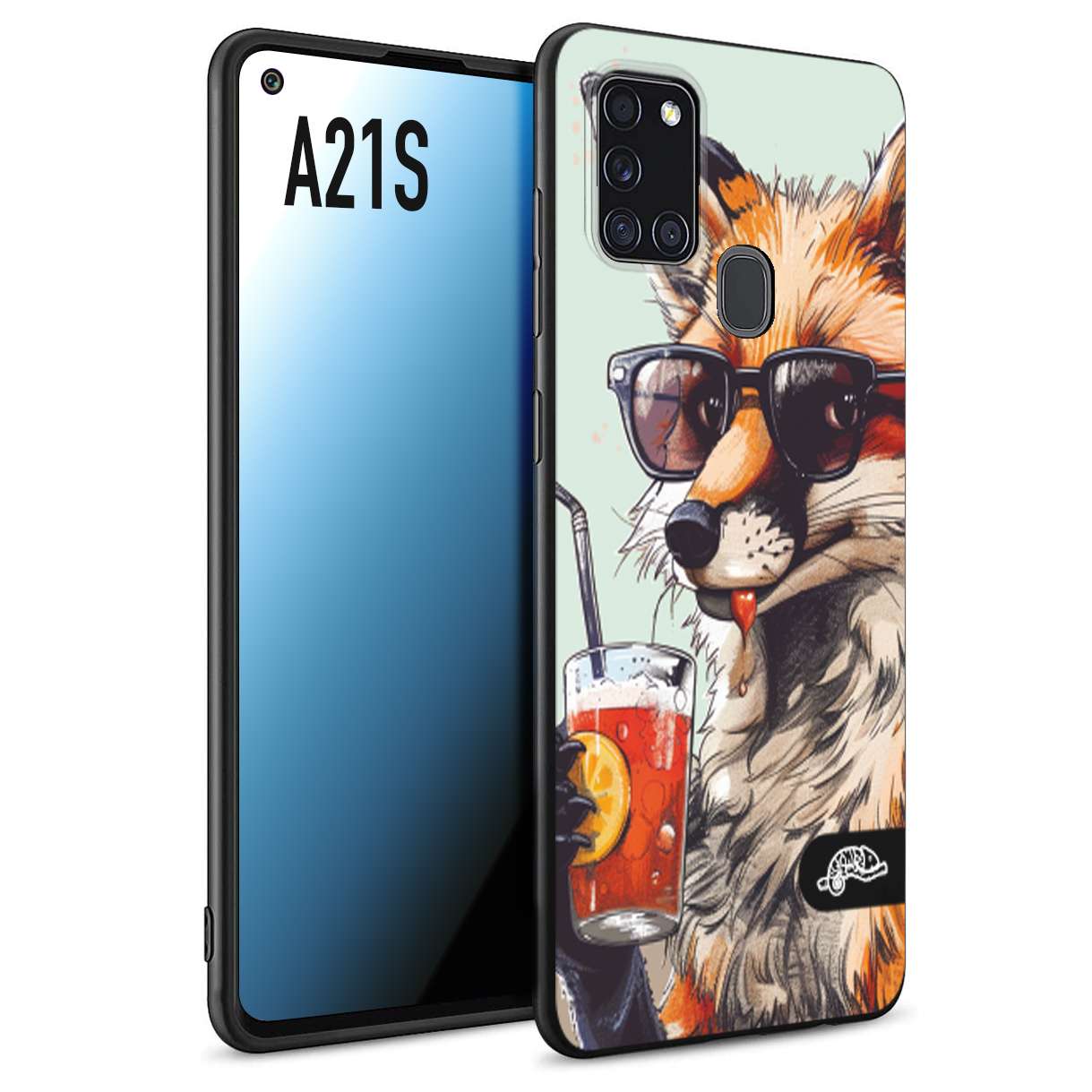 CUSTOMIZZA - Custodia cover nera morbida in tpu compatibile per Samsung A21S estate disegnata cocktails animali simpatici fox volpe negroni