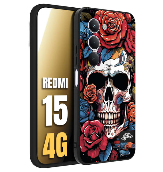 CUSTOMIZZA - Custodia cover nera morbida in tpu compatibile per Xiaomi Redmi 15 4G teschio skull flowers fiori rose rosse tattoo disegnato