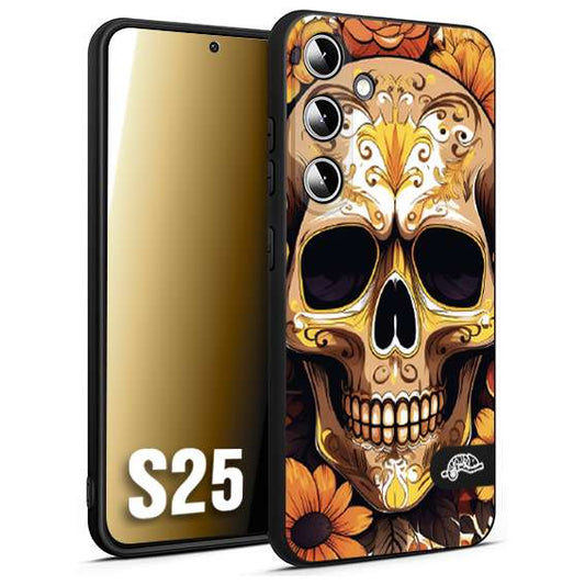 CUSTOMIZZA - Custodia cover nera morbida in tpu compatibile per Samsung S25 teschio messicano colorato dorato fiori tattoo disegnato