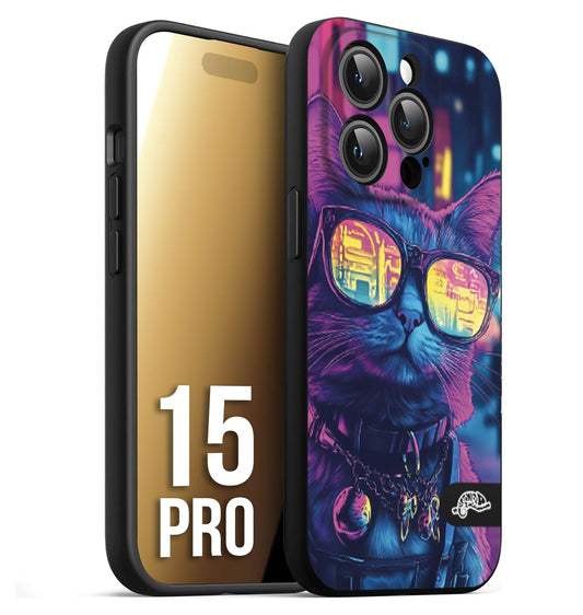 CUSTOMIZZA - Custodia cover nera morbida in tpu compatibile per iPhone 15 PRO animali cyberpunk gatto street cat fucsia blu giallo