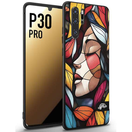 CUSTOMIZZA - Custodia cover nera morbida in tpu compatibile per Huawei P30 PRO Vetrata artistica volto di donna profilo fogliare mosaico di vetro colorato
