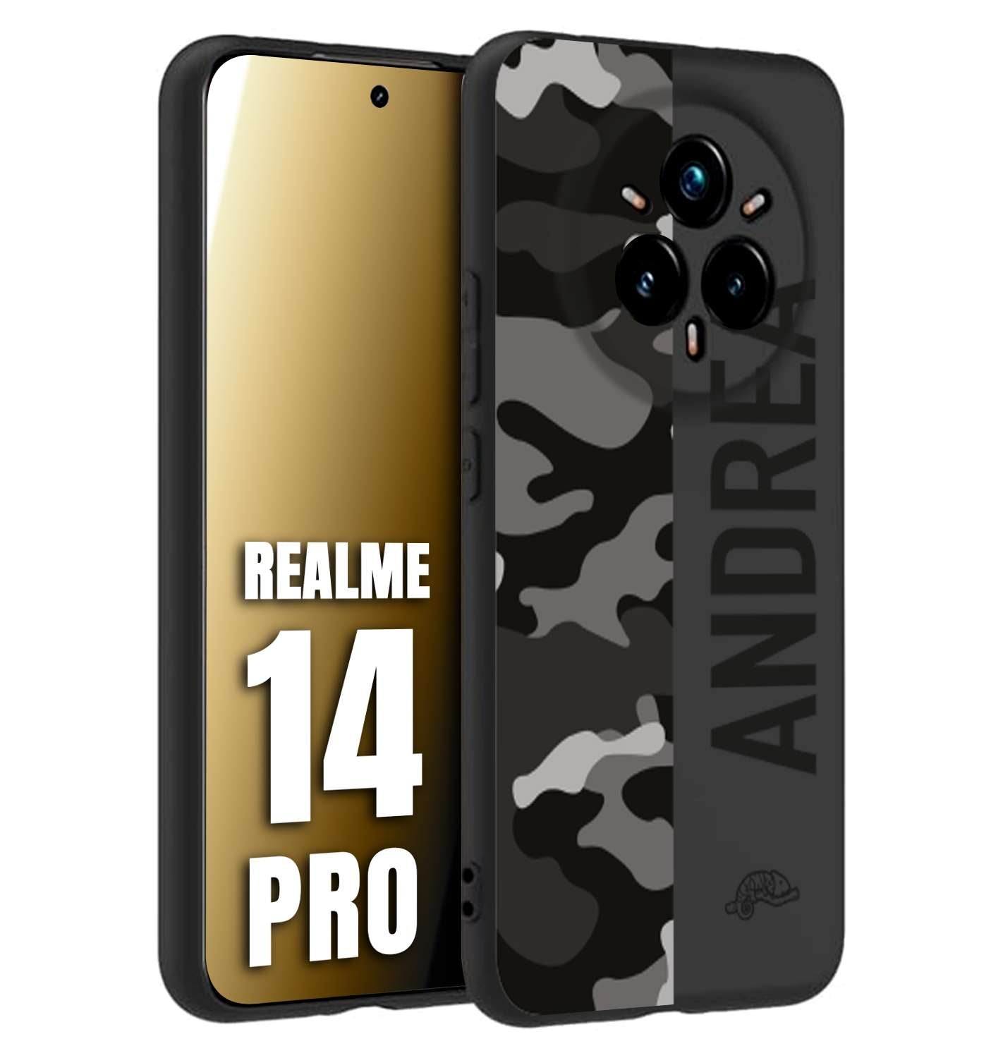 CUSTOMIZZA - Custodia cover nera morbida in tpu compatibile per Realme 14 PRO camouflage mimetico militare personalizzata nome