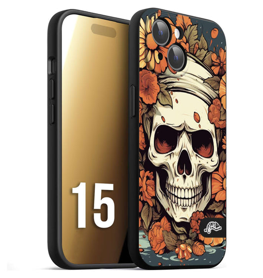 CUSTOMIZZA - Custodia cover nera morbida in tpu compatibile per iPhone 15 teschio skull flowers fiori tattoo disegnato alta definizione