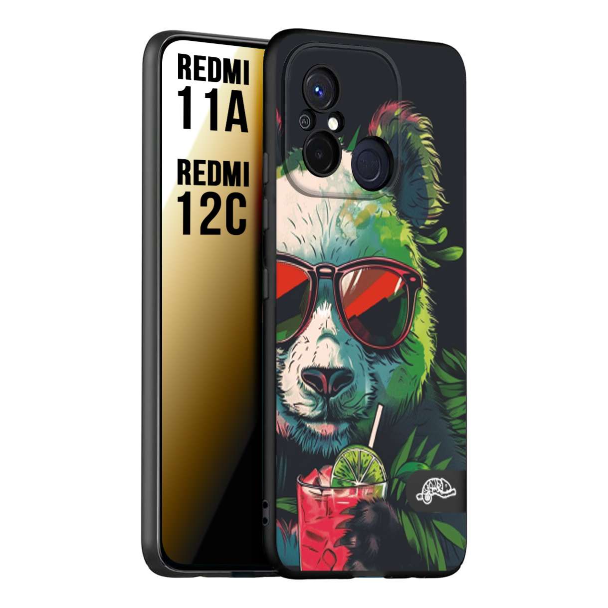 CUSTOMIZZA - Custodia cover nera morbida in tpu compatibile per Xiaomi Redmi 11A - 12C estate disegnata cocktails animali simpatici panda mojito