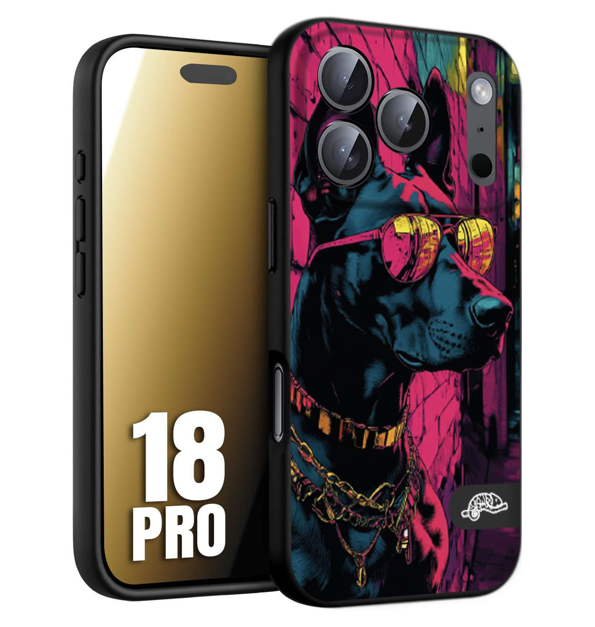 CUSTOMIZZA - Custodia cover nera morbida in tpu compatibile per iPhone 18 PRO animali cyberpunk dobermann cane street dog fucsia blu