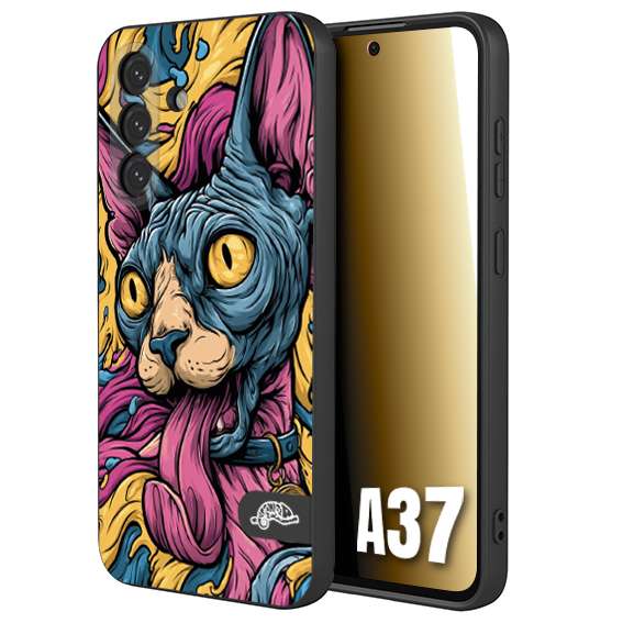 CUSTOMIZZA - Custodia cover nera morbida in tpu compatibile per Samsung A37 Sphynx Colorato Pop Art Psichedelico Gatto Blu Rosa Giallo Artistica Fantasy