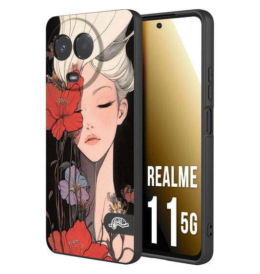 CUSTOMIZZA - Custodia cover nera morbida in tpu compatibile per Realme 11 5G woman flower Fantasia Floreale Design Donna e Fiori, Retro Artistico