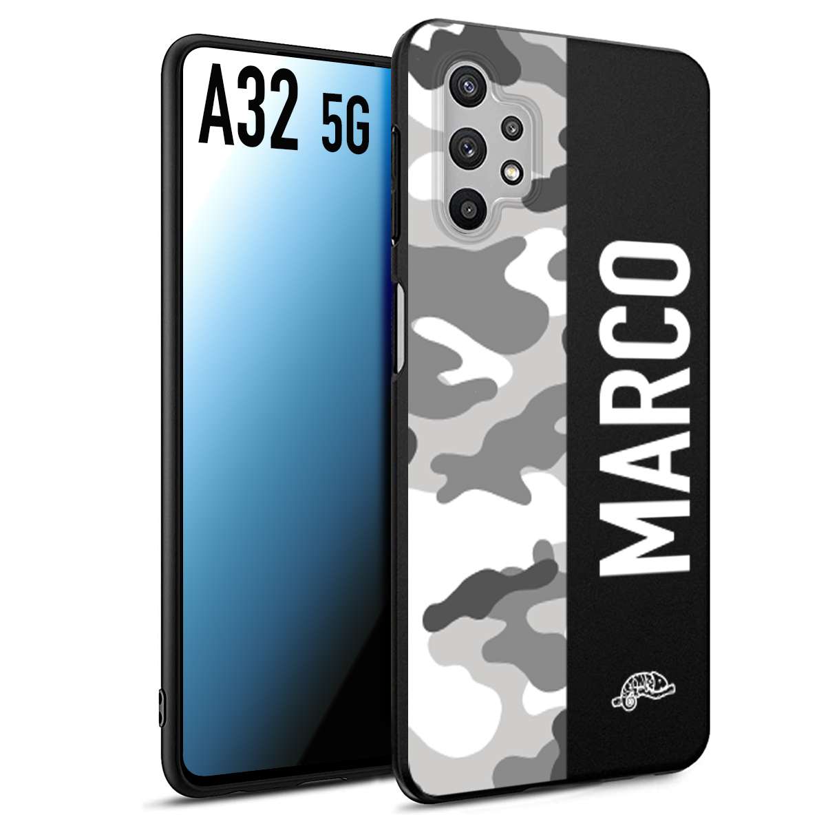 CUSTOMIZZA - Custodia cover nera morbida in tpu compatibile per Samsung A32 5G camouflage mimetico militare personalizzata nome bianco