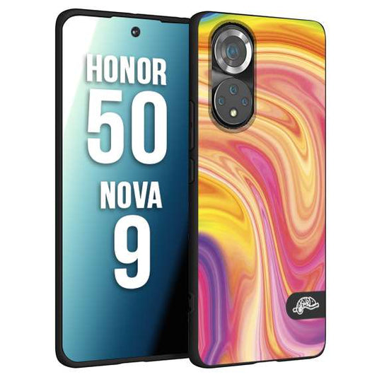 CUSTOMIZZA - Custodia cover nera morbida in tpu compatibile per Huawei Nova 9 - Honor 50 colorata fantasia vortice marmo onde rosa fucsia gialla