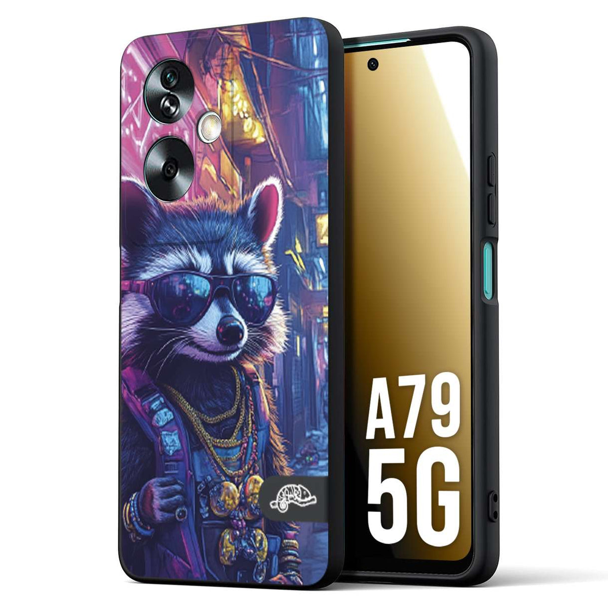 CUSTOMIZZA - Custodia cover nera morbida in tpu compatibile per Oppo A79 5G animali simpatici cyberpunk procione racoon street cat fucsia blu giallo
