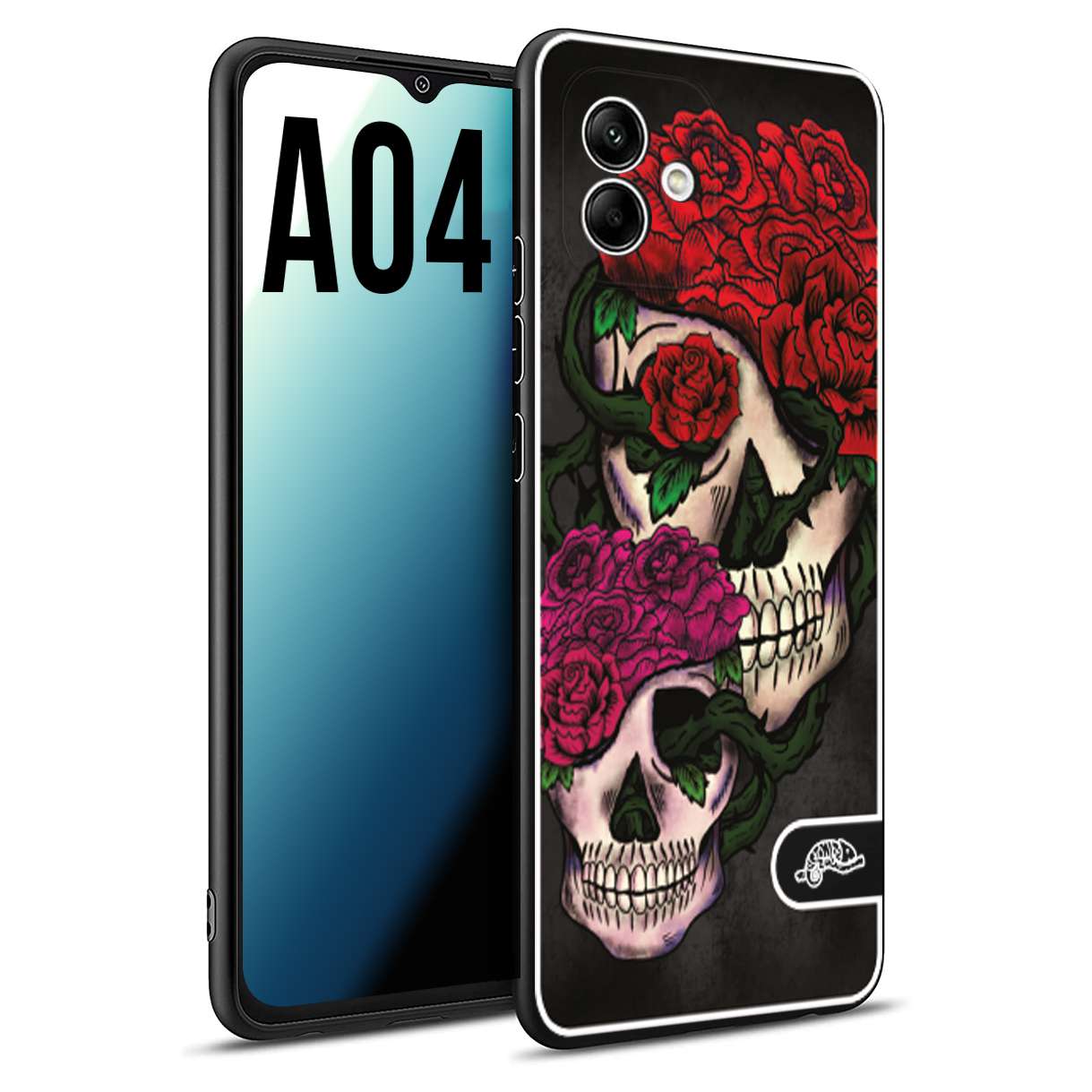 CUSTOMIZZA - Custodia cover nera morbida in tpu compatibile per Samsung A04 teschi e rose rosse fucsia skull and roses