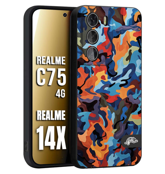 CUSTOMIZZA - Custodia cover nera morbida in tpu compatibile per Realme 14X - C75 4G camouflage mimetico militare moderno blu arancio rosso