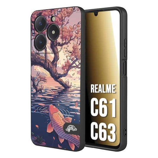 CUSTOMIZZA - Custodia cover nera morbida in tpu compatibile per Realme C61 - C63 giapponese lago carpa koi rosa con foglie d'acero disegnata tattoo