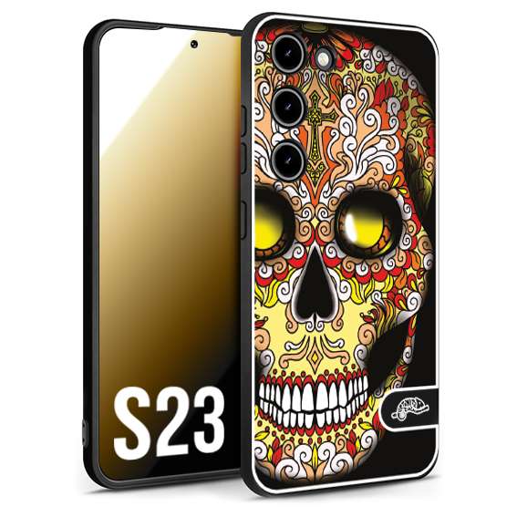 CUSTOMIZZA - Custodia cover nera morbida in tpu compatibile per Samsung S23 teschio messicano Mexican skull giallo rosso arancio